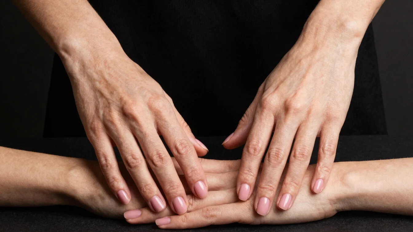 Détail éditorial de mains féminines avec une manucure rose, lumière douce, fond sombre, cadrage rapproché