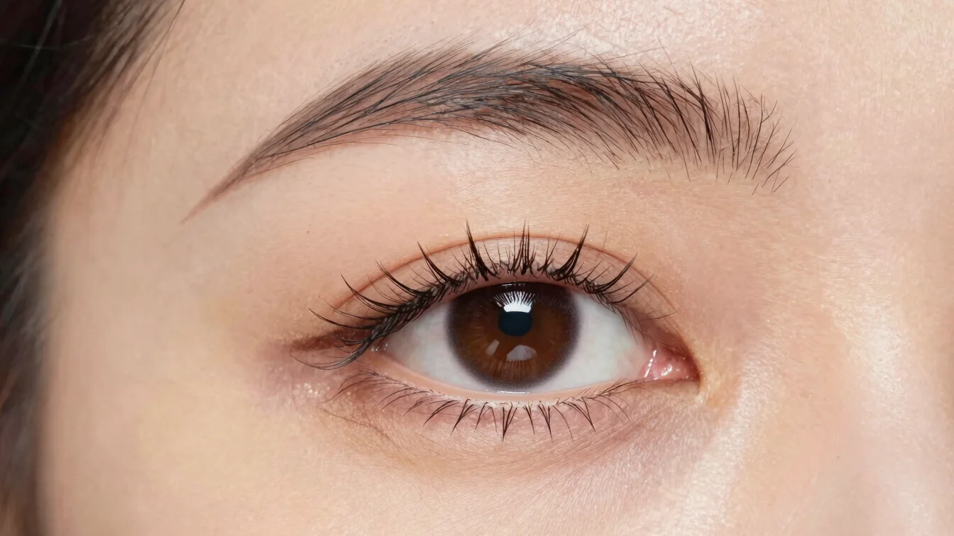 Détail éditorial d’un regard avec cils longs et sourcils soignés, lumière douce de studio, cadrage rapproché