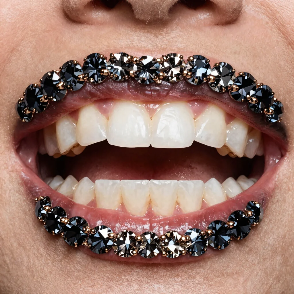 Photographie éditoriale beauté en gros plan : strass dentaires et