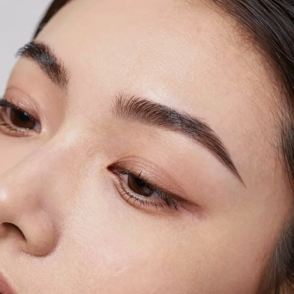Photographie éditoriale beauté en gros plan : sourcils retravaill